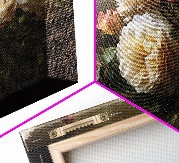 Garden Roses in Romantic Oil Paint Framed Canvas Print, Bed and Breakfast Art, Bedroom Prints, Living Room Decor, Fine Art, BAB-3x2-25