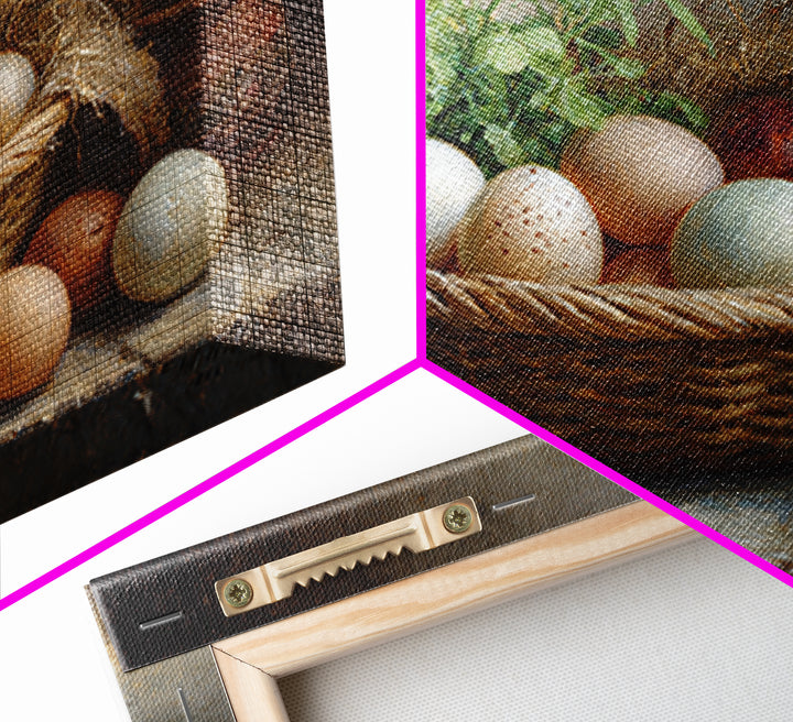 Fresh Eggs in a Woven Basket with Framed Canvas Print, Bed and Breakfast Art, Bedroom Art, Living Room Decor, Oil Painting, BAB-3x2-82