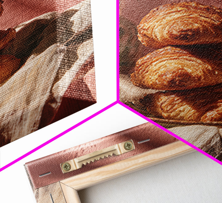 Buttery Croissants Stacked on Striped Linen Framed Canvas Print, Bakery Art, Modern Decor, Bakery Decor, Abstract Art, BAK-1x1-1