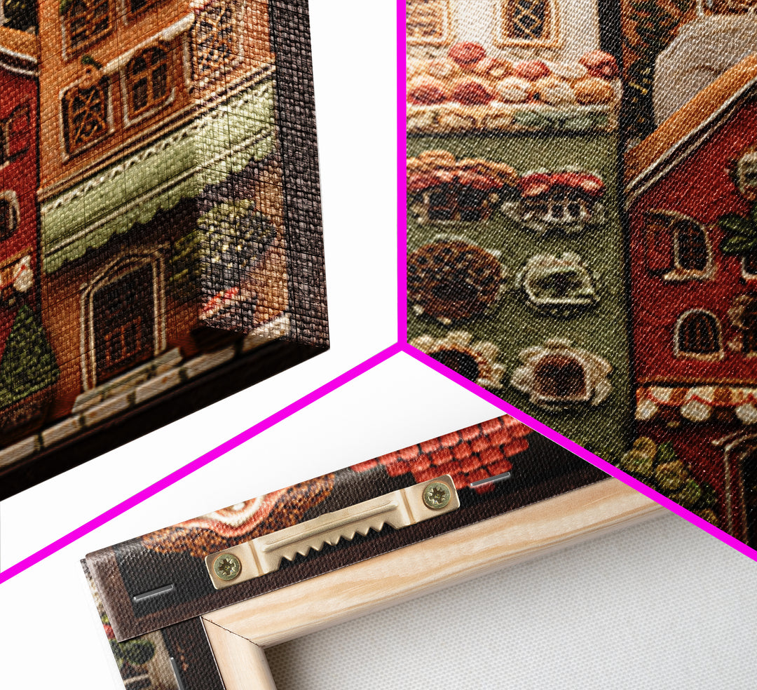Gingerbread Houses in Charming Folk Art Style Canvas Print, Bakery Art, Whimsical Wall Art, Bakery Decor, Fine Art, Patisserie, BAK-1x1-14