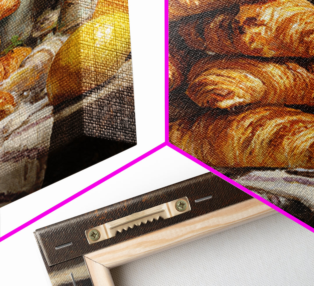 Buttery Croissants Stacked on Striped Linen Canvas Print, Bakery Art, Room Decor, Bakery Decor, Abstract Art, Patisserie, BAK-1x1-25