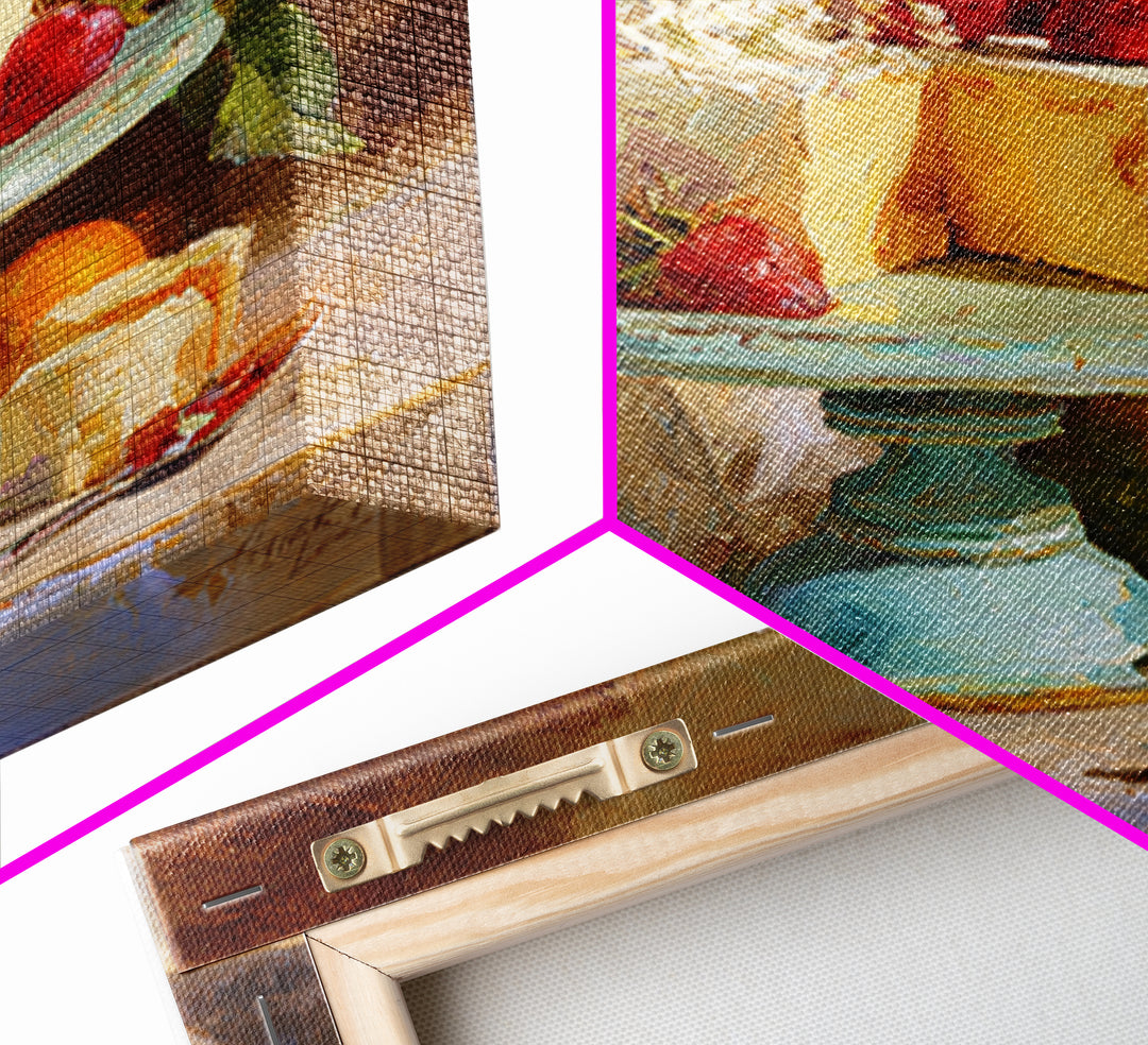 Pastel Cake Stand Framed Canvas Print, Bakery Art, Boho Decor, Bakery Decor, Oil Painting, Patisserie, Printable Wall Art, BAK-1x1-37