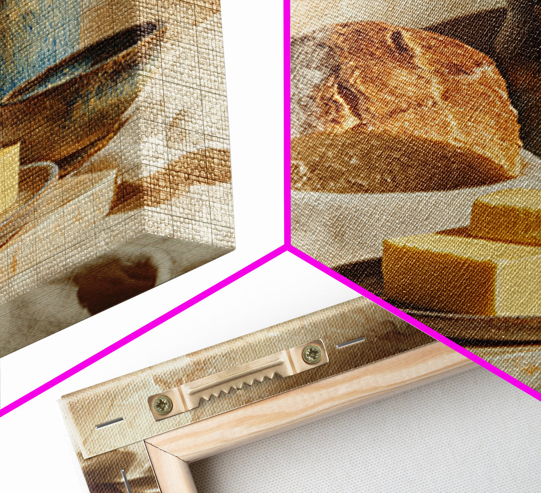 Baguette and Butter Still Life on Marble Framed Canvas Print, Bakery Art, Watercolor Painting, Bakery Decor, Patisserie, BAK-1x1-56