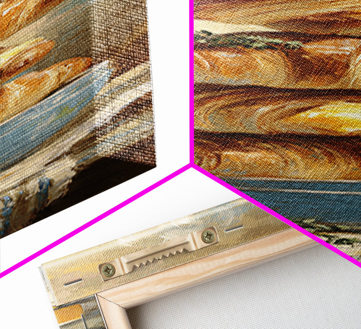 Buttery Croissants Stacked on Striped Linen Canvas Print, Bakery Art, Kitchen Art, Bakery Decor, Abstract Art, Patisserie, BAK-1x3-85