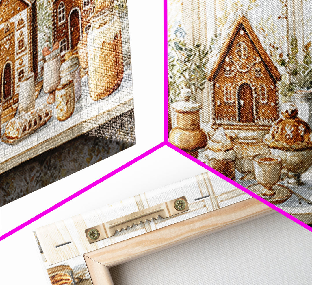 Gingerbread Houses in Charming Folk Art Style Framed Canvas Print, Bakery Art, Contemporary Art, Bakery Decor, Patisserie, BAK-2x1-10