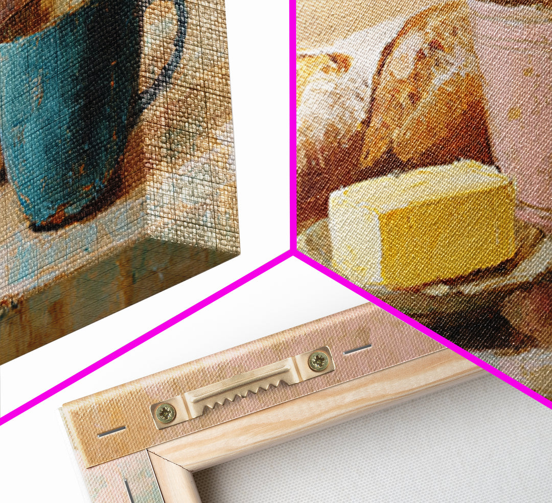 Baguette and Butter Still Life on Marble Framed Canvas Print, Bakery Art, Contemporary Art, Bakery Decor, Fine Art, Patisserie, BAK-2x1-28