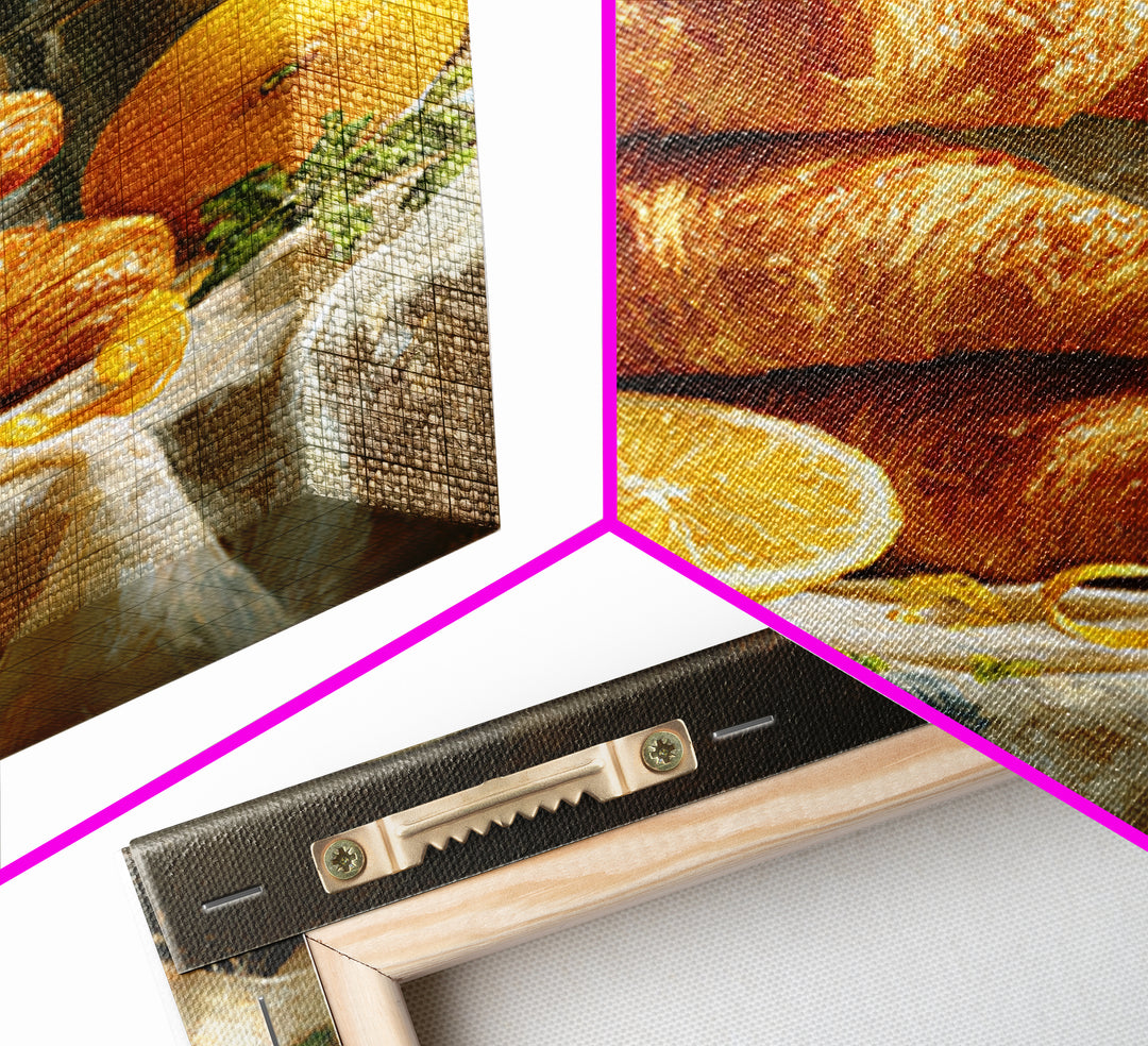 Buttery Croissants Stacked on Striped Linen Canvas Print, Bakery Art, Watercolor Print, Bakery Decor, Fine Art, Patisserie, BAK-2x3-57