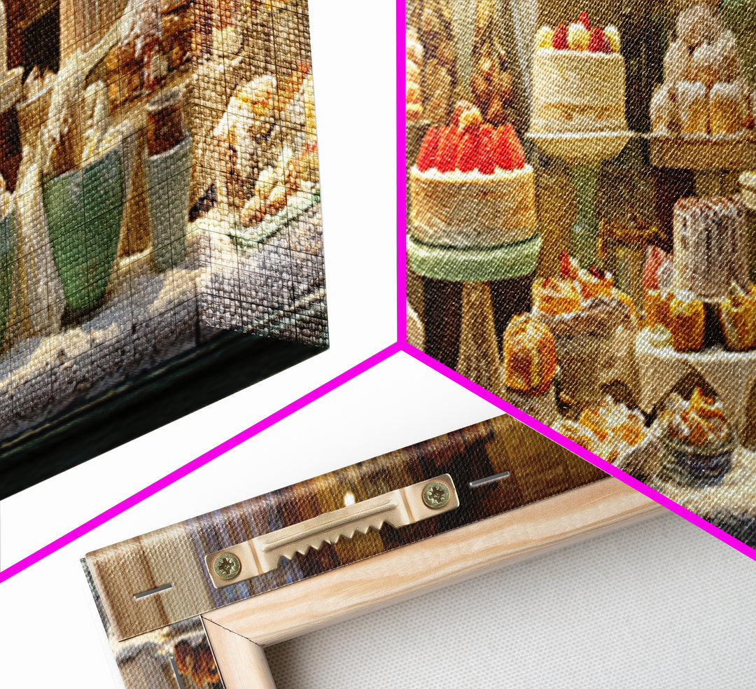 French Patisserie Window Display of Pastel Pastries Framed Canvas Print, Bakery Art, Watercolor Art, Bakery Decor, Patisserie, BAK-3x1-18