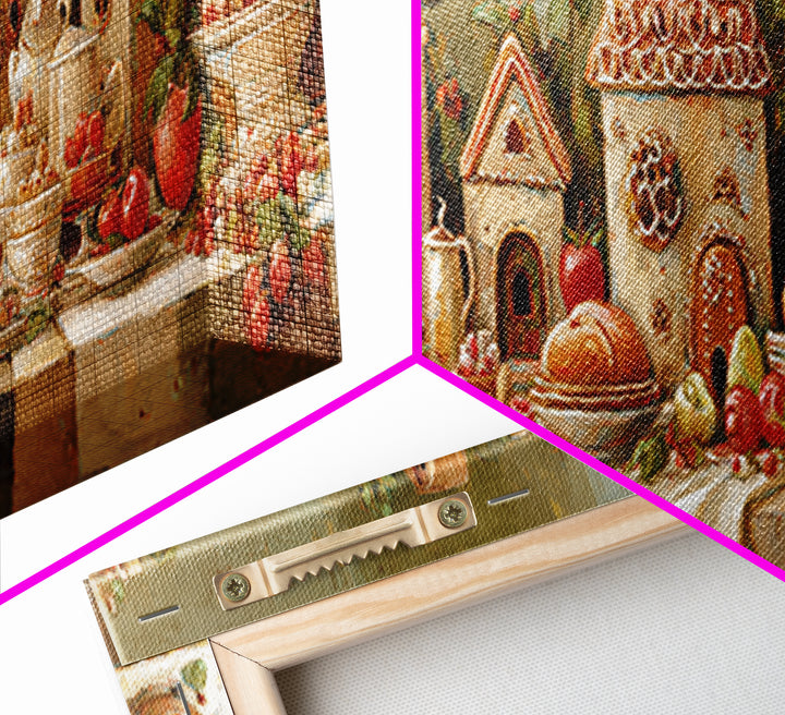 Gingerbread Houses in Charming Folk Art Style Canvas Print, Bakery Art, Printable Wall Art, Bakery Decor, Fine Art, Patisserie, BAK-3x1-30