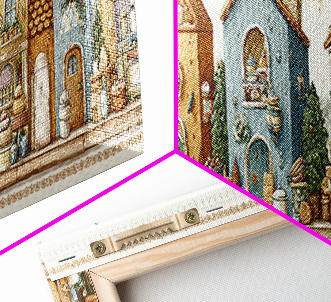 Gingerbread Houses in Charming Folk Art Style Canvas Print, Bakery Art, Whimsical Wall Art, Bakery Decor, Fine Art, Patisserie, BAK-3x1-6