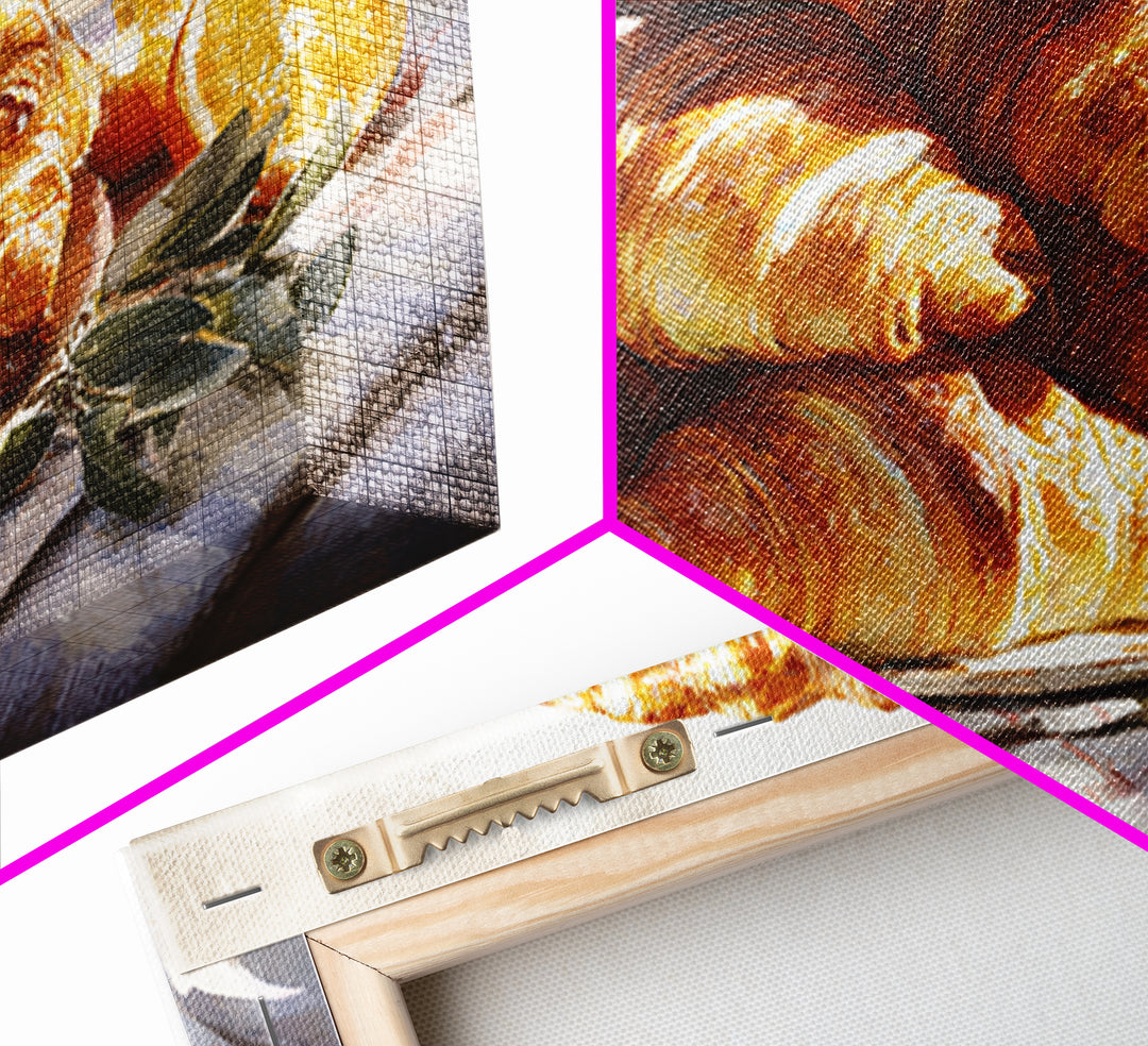 Buttery Croissants Stacked on Striped Linen Framed Canvas Print, Bakery Art, Fine Art, Bakery Decor, Patisserie, BAK-3x2-5