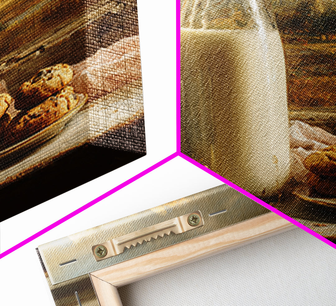 Milk Bottle and Cookies Nostalgic Still Life Framed Canvas Print, Bakery Art, Watercolor Print, Bakery Decor, Oil Painting, BAK-3x2-50