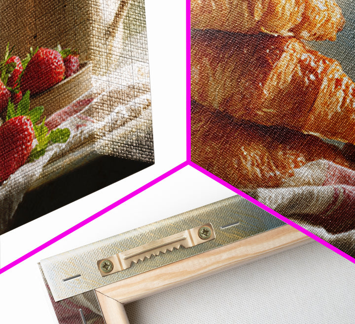 Buttery Croissants Stacked on Striped Linen Framed Canvas Print, Bakery Art, Room Decor, Bakery Decor, Abstract Art, Patisserie, BAK-3x2-77