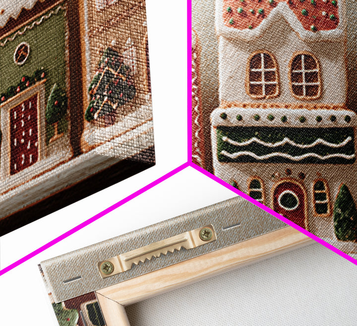 Gingerbread Houses in Charming Folk Art Style Framed Canvas Print, Bakery Art, Whimsical Wall Art, Bakery Decor, Patisserie, BAK-3x2-90