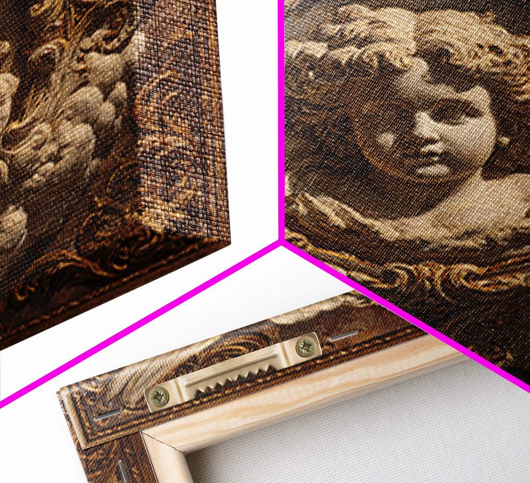 Ornate Cherub Figure Surrounded by Clouds and Framed Canvas Print, Baroque Art, Whimsical Decor, Living Room Decor, Ornate, BAO-1x1-2