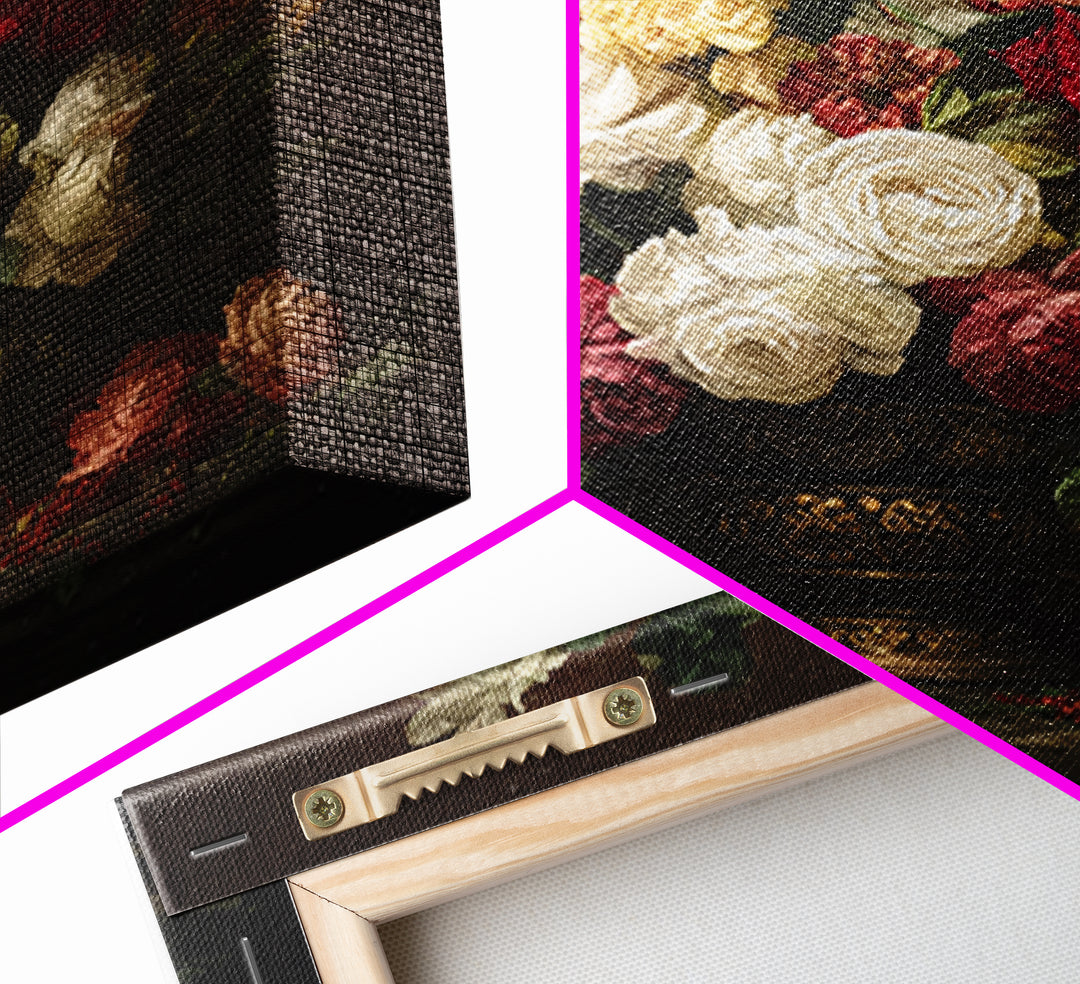 Dark Floral Arrangement Framed Canvas Print, Baroque Art, Oil Painting, Living Room Decor, Fine Art, Ornate, Eclectic Wall Art, BAO-1x1-28
