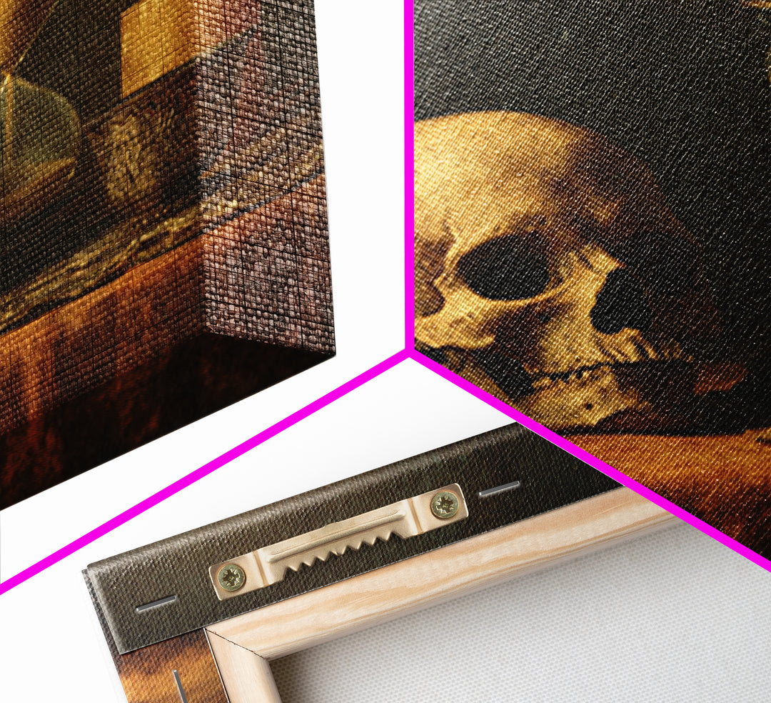 Skull and Hourglass Vanitas Still Life Framed Canvas Print, Baroque Art, Dark Academia Art, Living Room Decor, Fine Art, Ornate, BAO-1x1-29