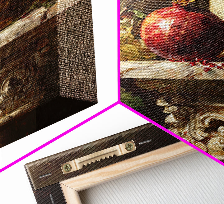 Pomegranate and Grapes on a Marble Ledge Framed Canvas Print, Baroque Art, Home Decor, Living Room Decor, Fine Art, Ornate, BAO-1x1-32