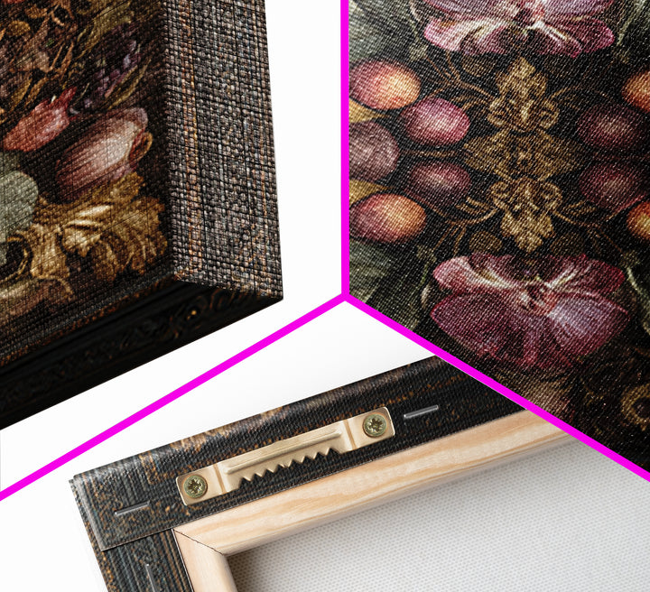 Ornate Gold Frame Illusion Around a Botanical Framed Canvas Print, Baroque Art, Maximalist Decor, Living Room Decor, Ornate, BAO-1x1-33