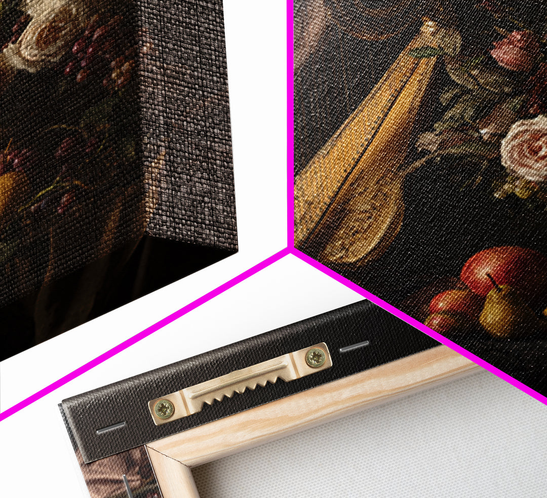 Golden Harp and Roses Framed Canvas Print, Baroque Art, Modern Wall Art, Living Room Decor, Abstract Art, Ornate, Feminist Art, BAO-1x1-42