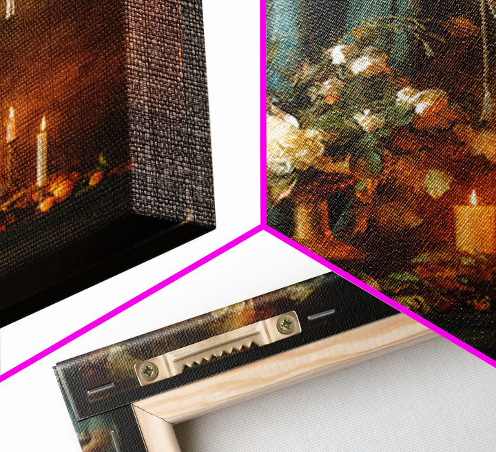 Velvet Drapery with Pearls Flowers and Candlelight Canvas Print, Baroque Art, Maximalist Decor, Living Room Decor, Ornate, BAO-1x1-51