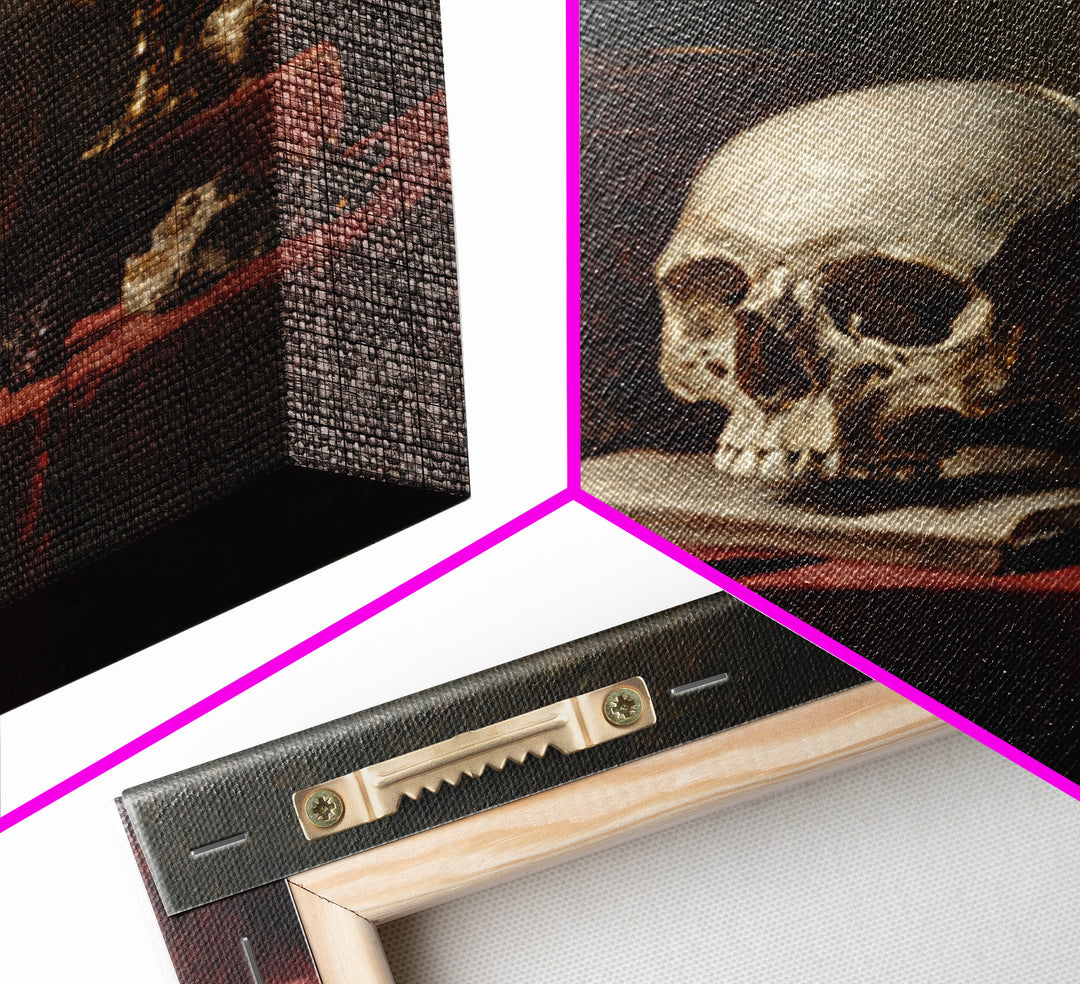 Skull and Hourglass Vanitas Still Life Framed Canvas Print, Baroque Art, Dark Academia Art, Living Room Decor, Fine Art, Ornate, BAO-1x1-53