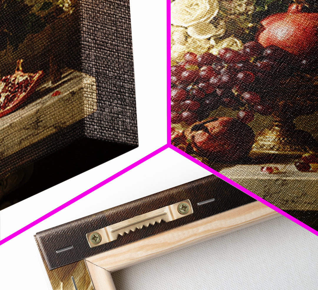 Pomegranate and Grapes on a Marble Ledge Framed Canvas Print, Baroque Art, Digital Wall Art, Living Room Decor, Ornate, BAO-1x1-56