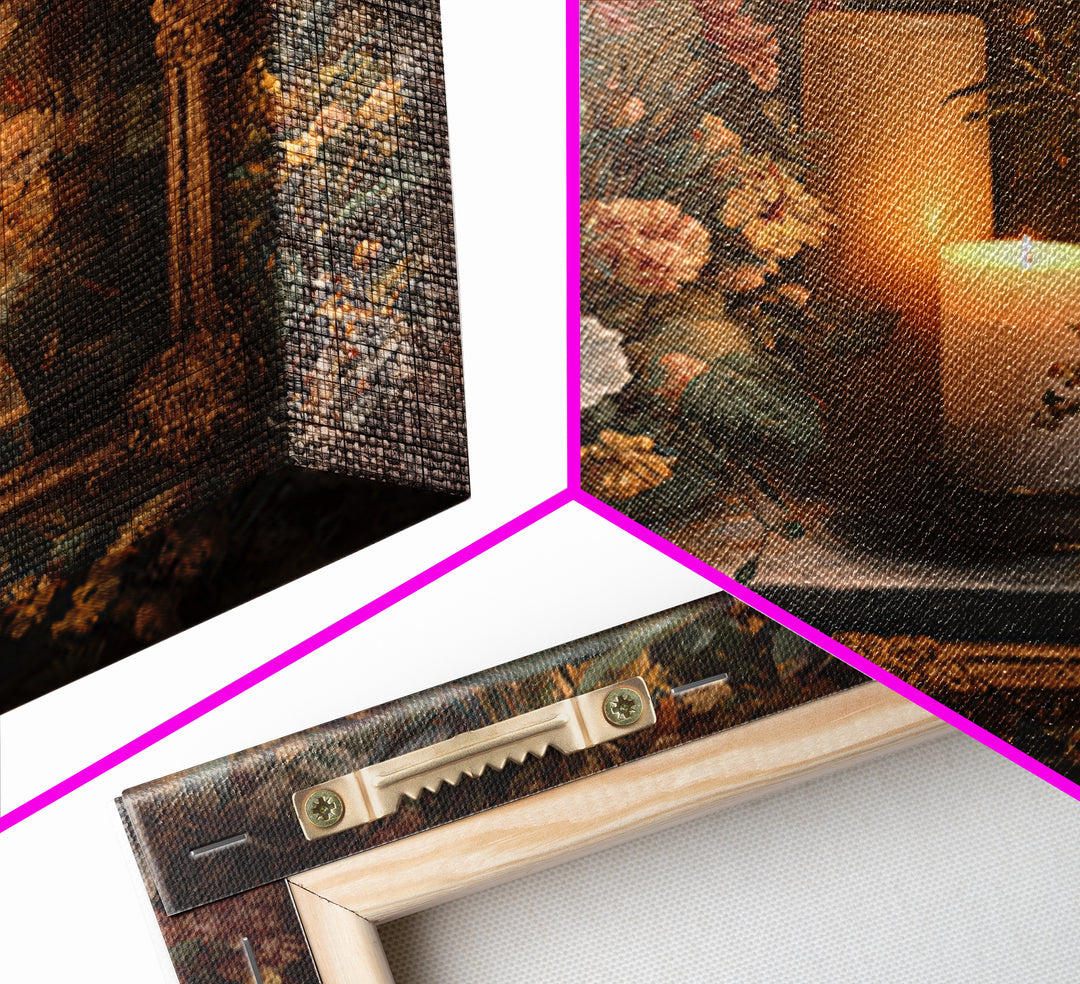 Ornate Gold Frame Illusion Around a Botanical Framed Canvas Print, Baroque Art, Maximalist Decor, Living Room Decor, Ornate, BAO-1x1-57