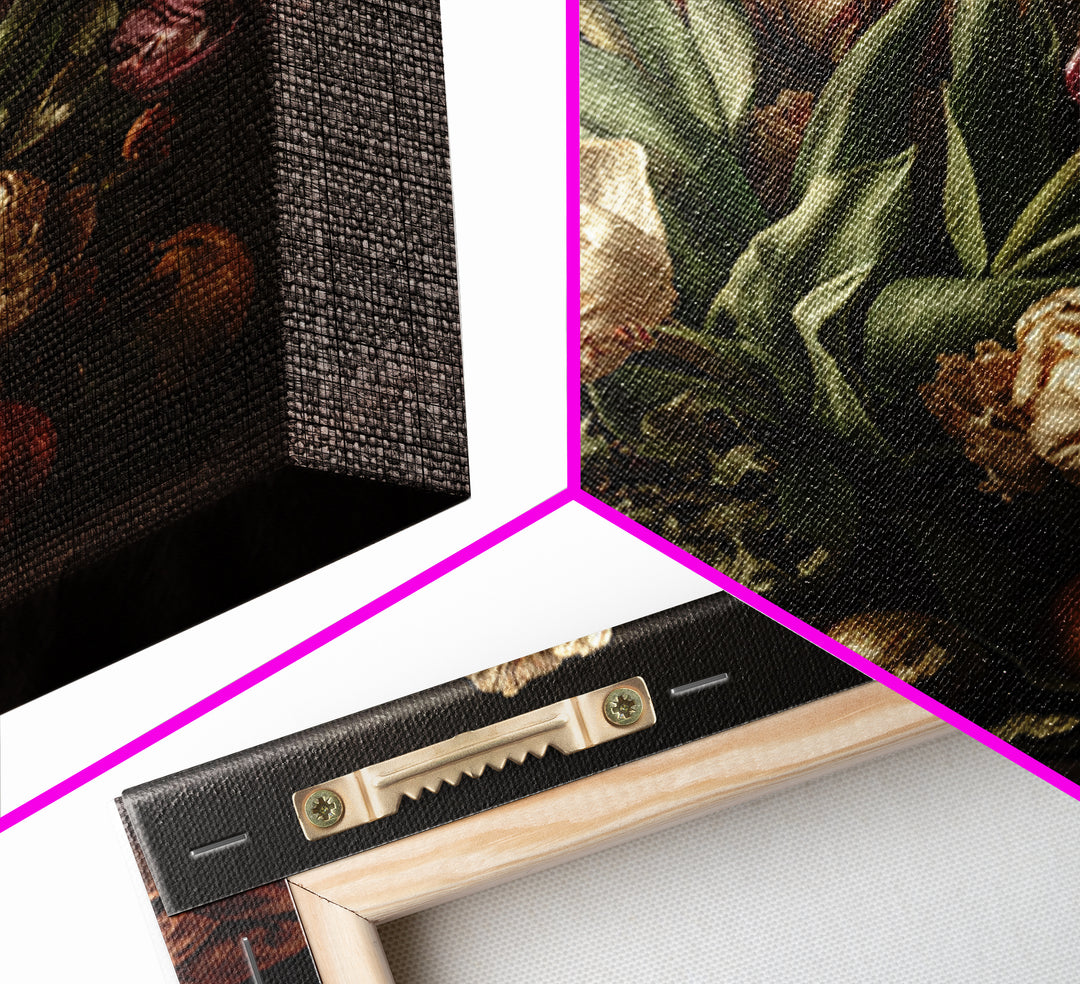 Black Background Tulips Framed Canvas Print, Baroque Art, Living Room Wall Art, Living Room Decor, Ornate, Art Nouveau Decor, BAO-1x1-64