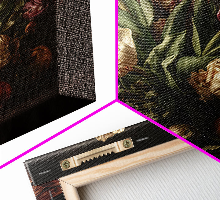Black Background Tulips Framed Canvas Print, Baroque Art, Living Room Wall Art, Living Room Decor, Ornate, Art Nouveau Decor, BAO-1x1-64