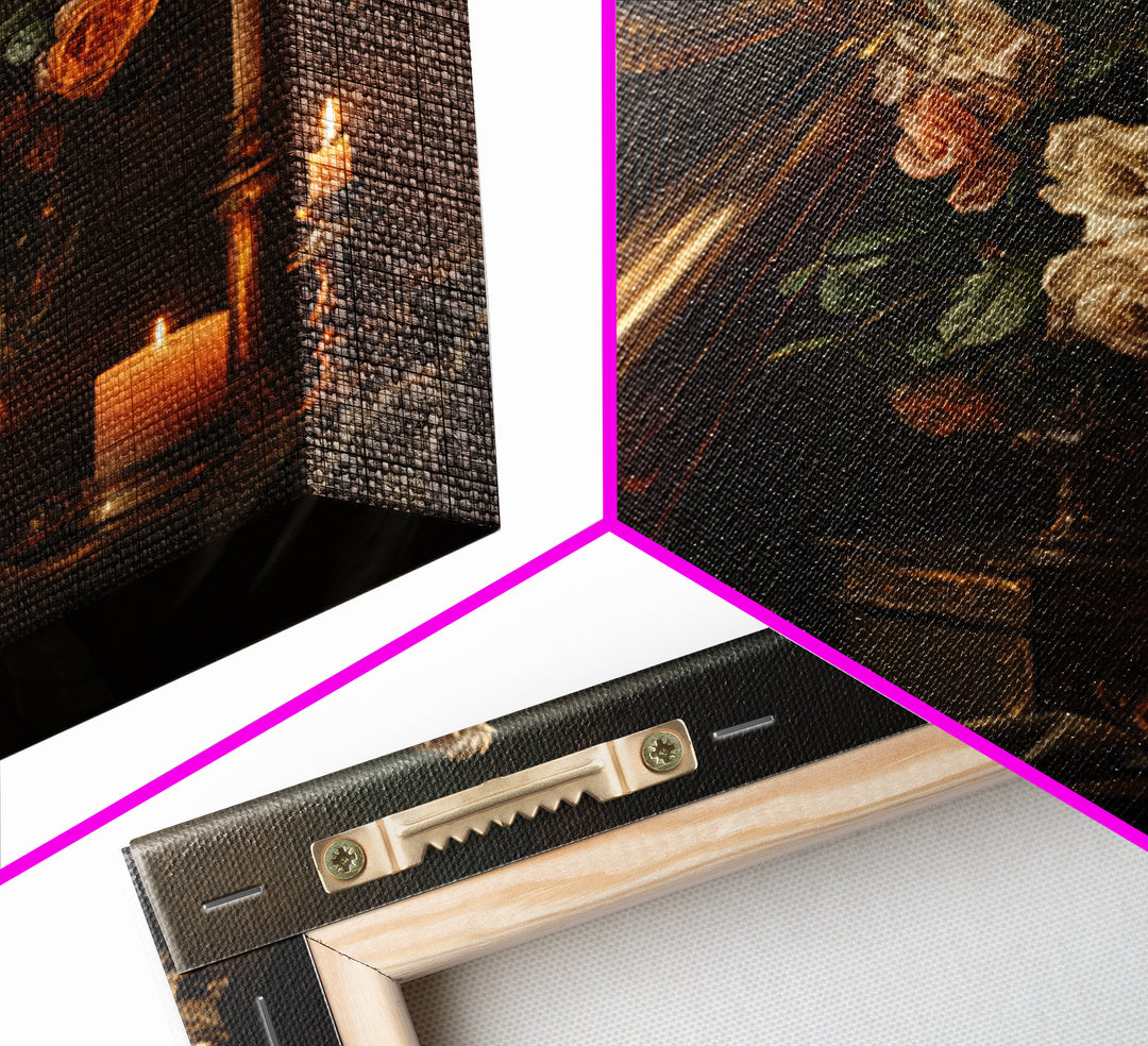 Golden Harp and Roses Framed Canvas Print, Baroque Art, Modern Wall Art, Living Room Decor, Abstract Art, Ornate, Feminist Art, BAO-1x1-66
