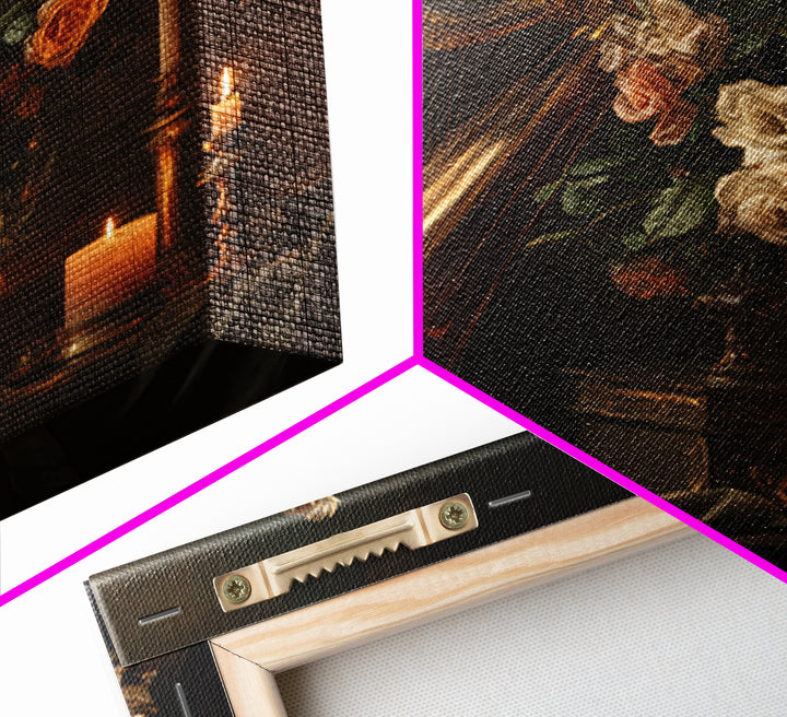 Golden Harp and Roses Framed Canvas Print, Baroque Art, Modern Wall Art, Living Room Decor, Abstract Art, Ornate, Feminist Art, BAO-1x1-66