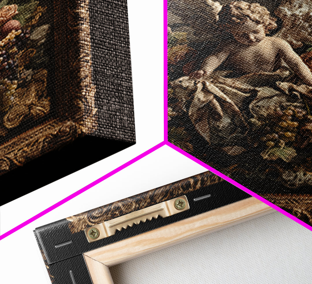 Ornate Cherub Figure Surrounded by Clouds and Canvas Print, Baroque Art, Dark Academia Art, Living Room Decor, Ornate, BAO-1x1-74