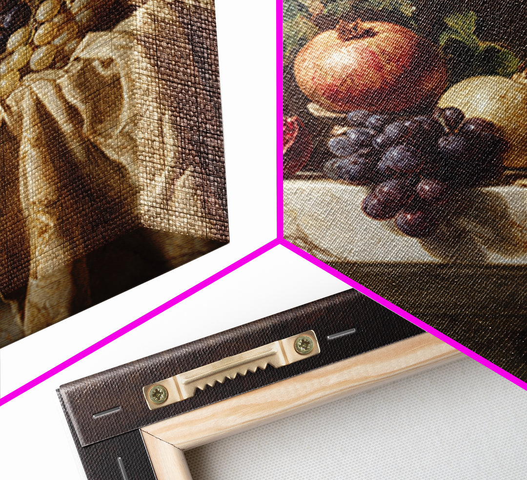 Pomegranate and Grapes on a Marble Ledge Framed Canvas Print, Baroque Art, Digital Wall Art, Living Room Decor, Ornate, BAO-1x1-8