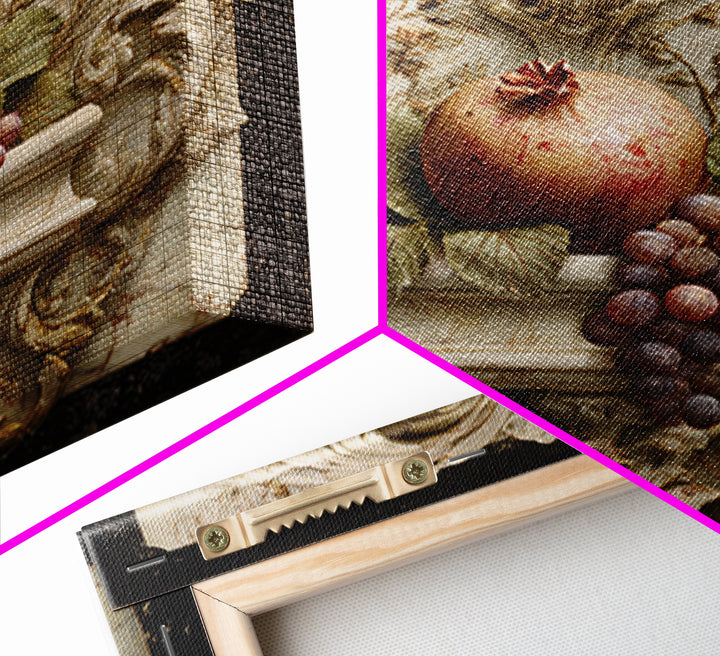 Pomegranate and Grapes on a Marble Ledge Framed Canvas Print, Baroque Art, Home Decor, Living Room Decor, Fine Art, Ornate, BAO-1x1-80