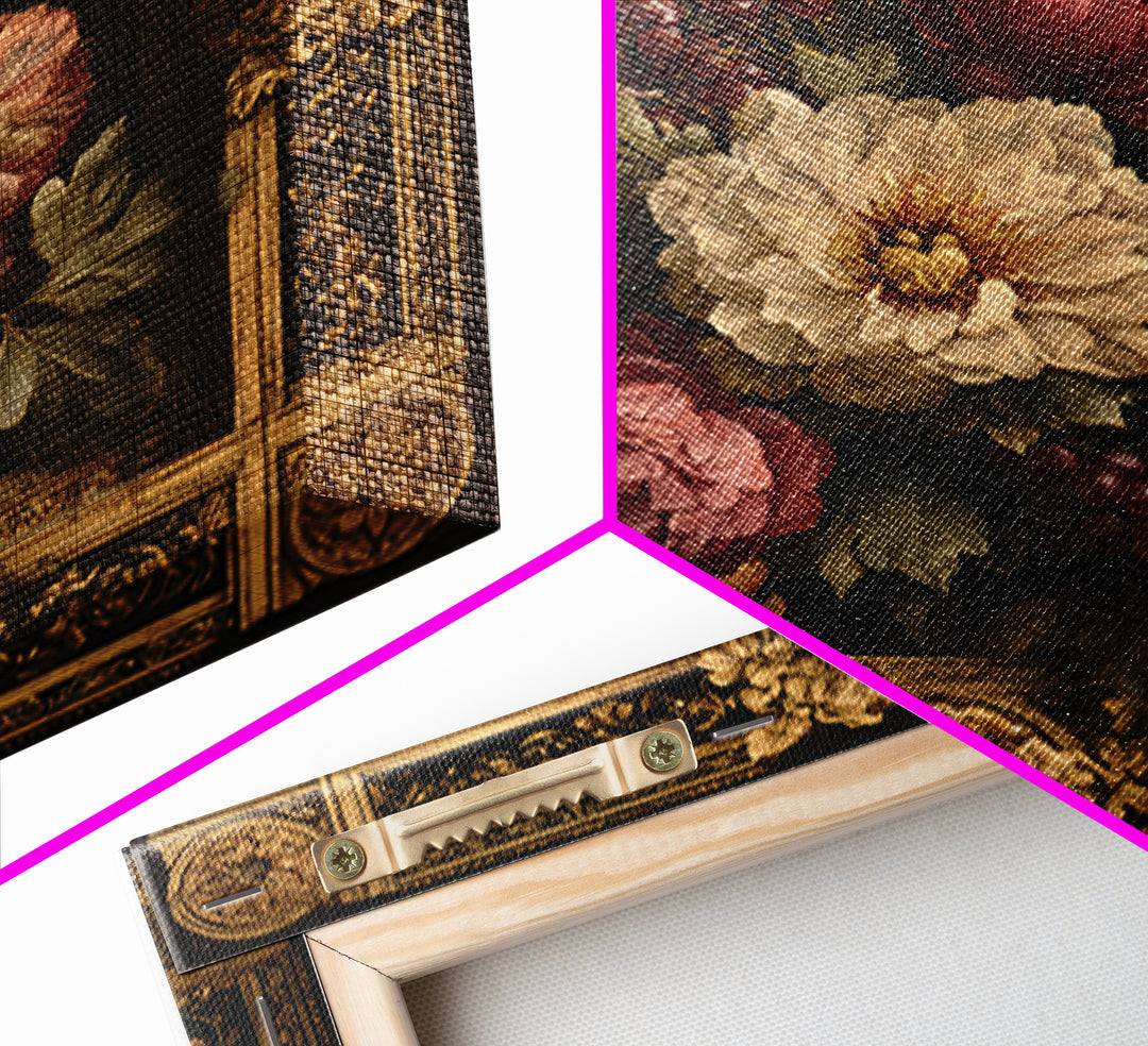 Ornate Gold Frame Illusion Around a Botanical Canvas Print, Baroque Art, Minimalist Wall Art, Living Room Decor, Ornate, BAO-1x1-9