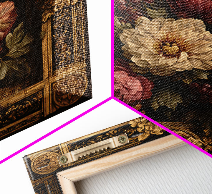 Ornate Gold Frame Illusion Around a Botanical Canvas Print, Baroque Art, Minimalist Wall Art, Living Room Decor, Ornate, BAO-1x1-9