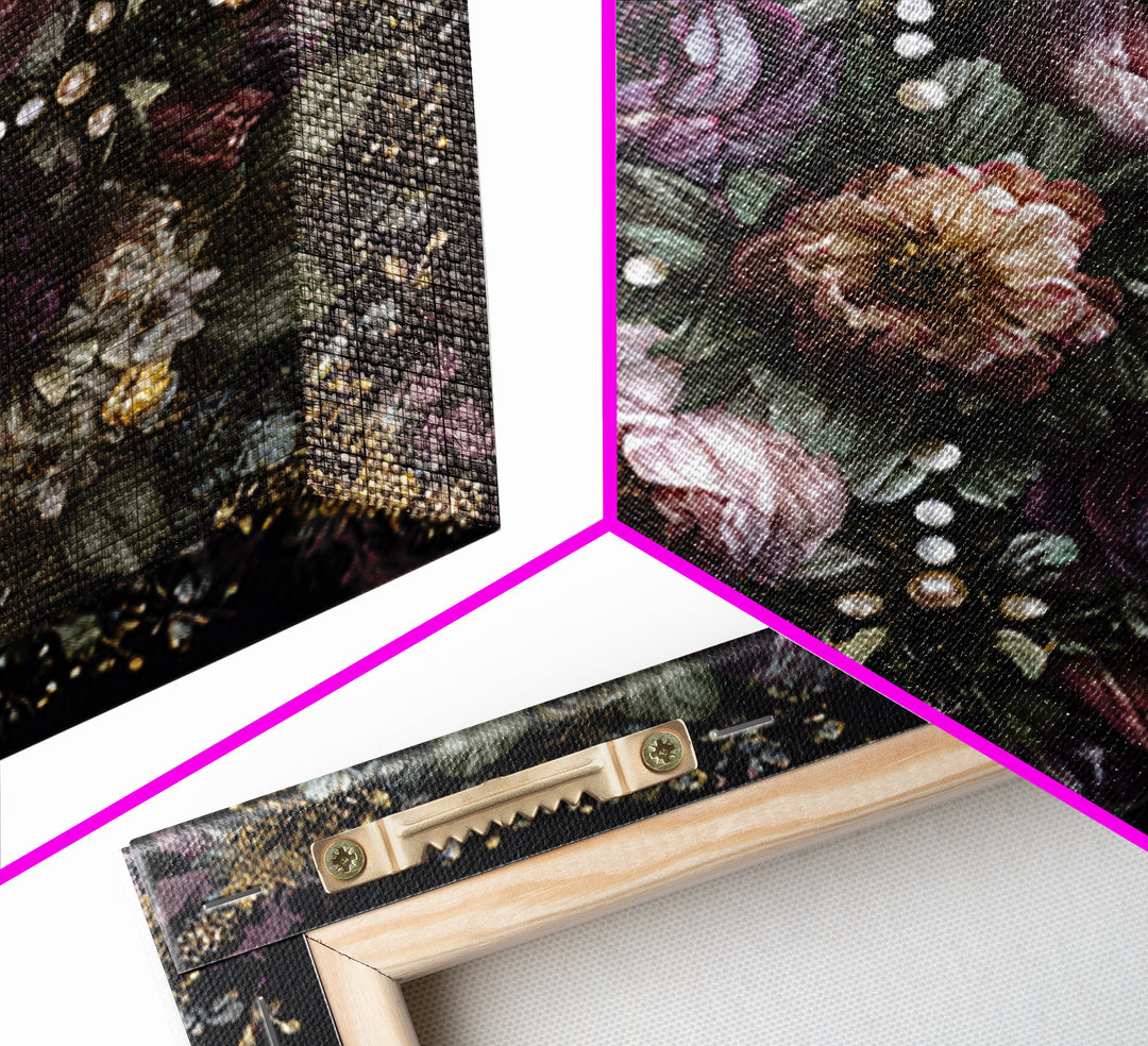 Velvet Drapery with Pearls Flowers and Candlelight Canvas Print, Baroque Art, Living Room Decor, Oil Painting, Ornate, BAO-1x1-99