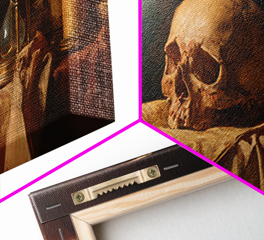 Skull and Hourglass Vanitas Still Life Framed Canvas Print, Baroque Art, Neutral Decor, Living Room Decor, Fine Art, Ornate, BAO-2x1-1