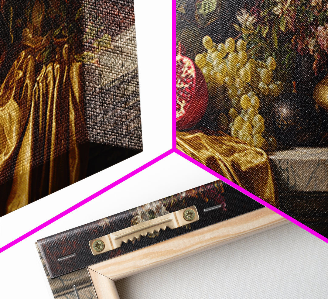 Pomegranate and Grapes on a Marble Ledge Framed Canvas Print, Baroque Art, Eclectic Wall Art, Living Room Decor, Ornate, BAO-2x1-100
