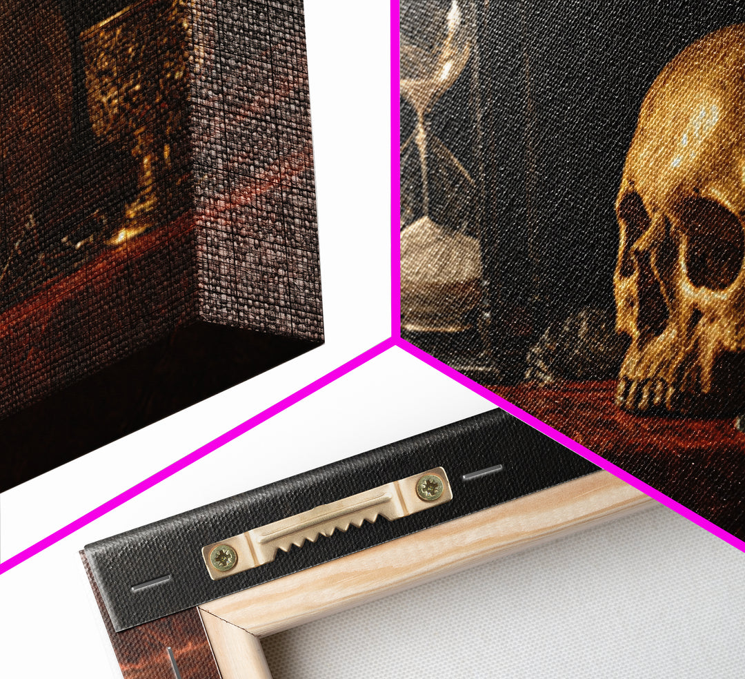 Skull and Hourglass Vanitas Still Life Framed Canvas Print, Baroque Art, Neutral Decor, Living Room Decor, Fine Art, Ornate, BAO-2x1-25