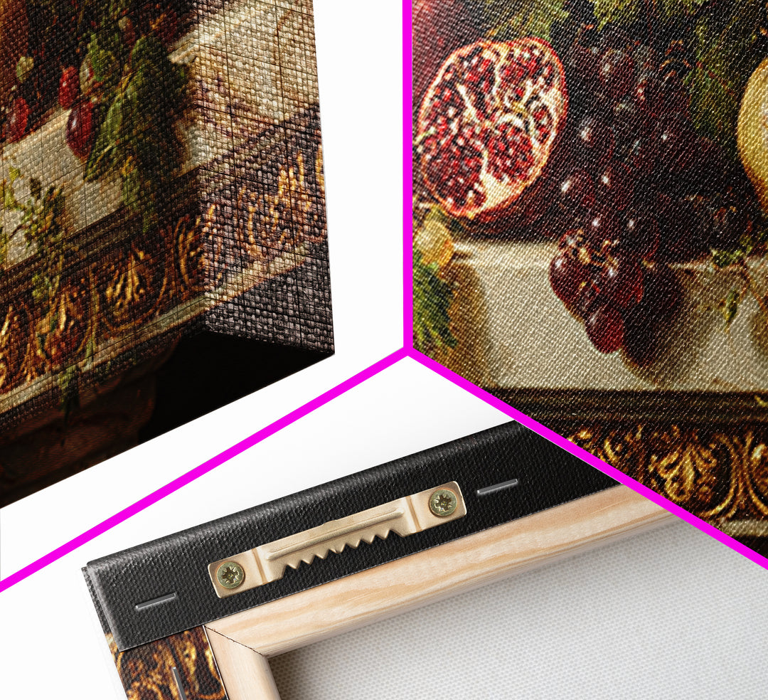 Pomegranate and Grapes on a Marble Ledge Framed Canvas Print, Baroque Art, Textured Painting, Living Room Decor, Ornate, BAO-2x1-28