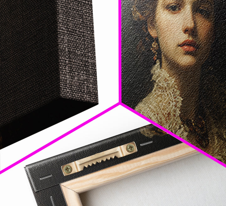 Classical Portrait with Lace Collar and Jewel Framed Canvas Print, Baroque Art, Oil Painting, Living Room Decor, Ornate, BAO-2x1-3