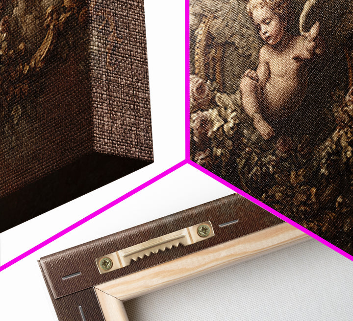 Ornate Cherub Figure Surrounded by Clouds and Framed Canvas Print, Baroque Art, Neutral Decor, Living Room Decor, Ornate, BAO-2x1-46