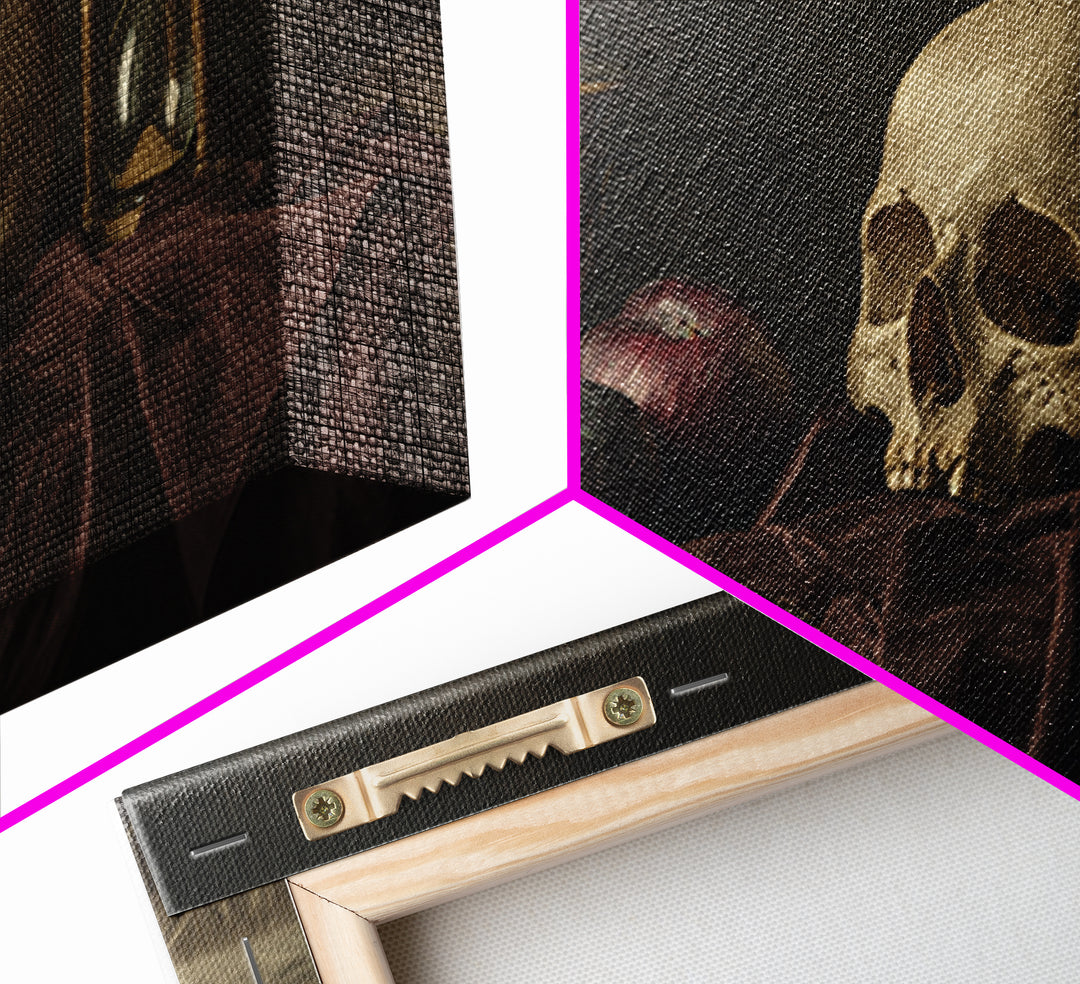 Skull and Hourglass Vanitas Still Life Canvas Print, Baroque Art, Luxury Decor, Living Room Decor, Ornate, Oil Painting, BAO-2x1-49
