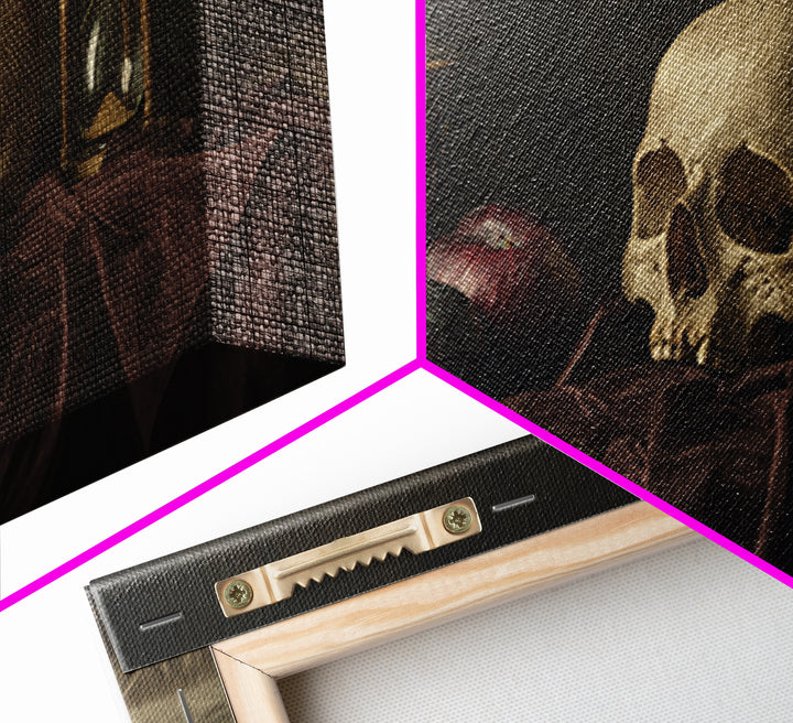 Skull and Hourglass Vanitas Still Life Canvas Print, Baroque Art, Luxury Decor, Living Room Decor, Ornate, Oil Painting, BAO-2x1-49