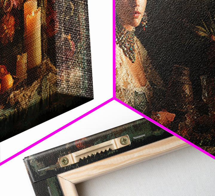 Classical Portrait with Lace Collar and Jewel Framed Canvas Print, Baroque Art, Oil Painting, Living Room Decor, Ornate, BAO-2x1-51