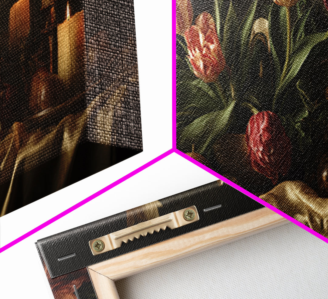 Black Background Tulips Framed Canvas Print, Baroque Art, Decor, Living Room Decor, Oil Painting, Ornate, Moody Wall Art, BAO-2x1-60