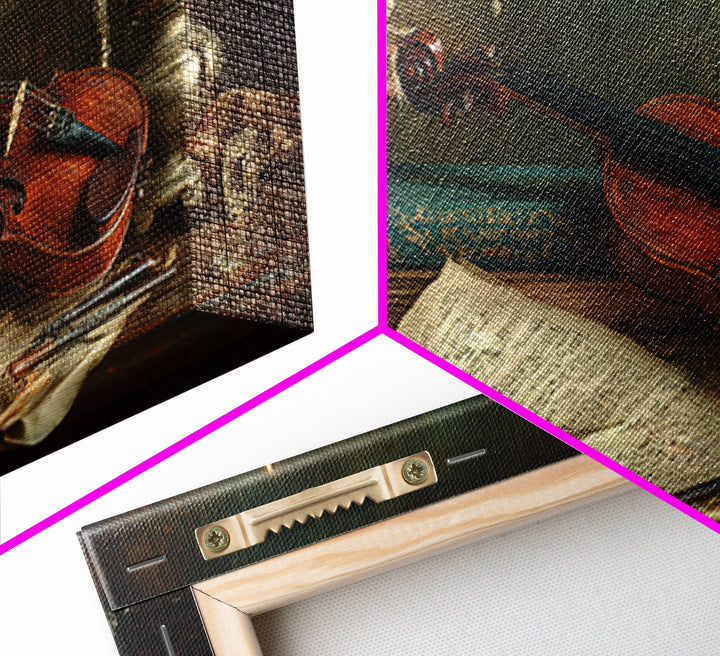 Baroque Violin and Sheet Music Still Life Framed Canvas Print, Baroque Art, Textured Painting, Living Room Decor, Ornate, BAO-2x1-7