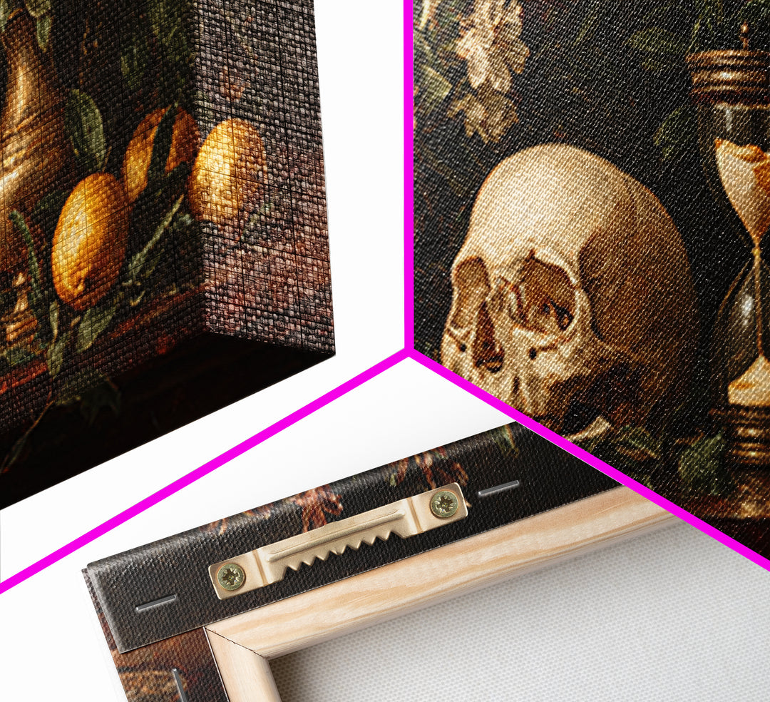Skull and Hourglass Vanitas Still Life Canvas Print, Baroque Art, Luxury Decor, Living Room Decor, Ornate, Oil Painting, BAO-2x1-73